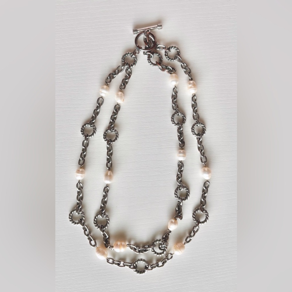 Double Strand Silver Chain Necklace with Faux Ivory Pearls